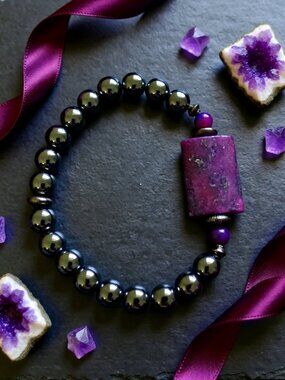 Mauve Magenta Purple Jasper & Hematite - Beaded Stretch Bracelet - Fits 7-7.5"